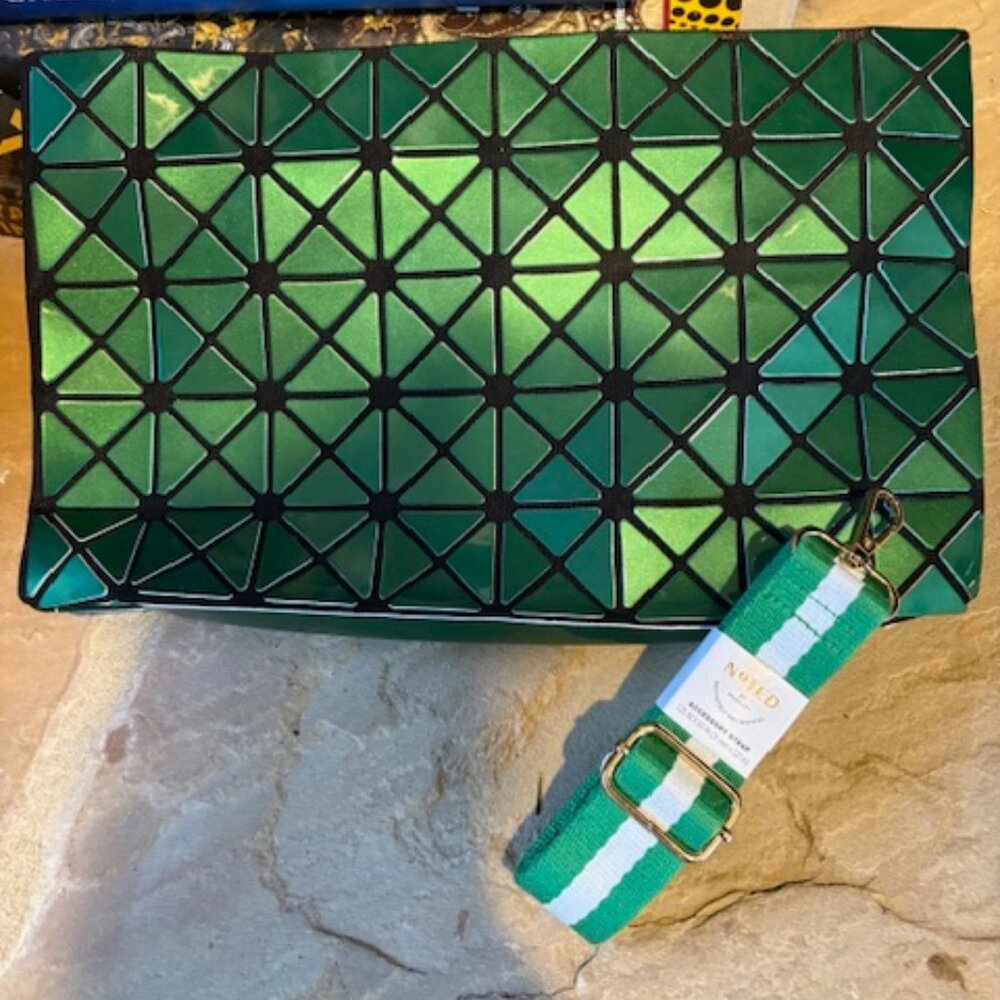 Vintage Y2K Geometric Prismatic Iridescent Green Clutch Crossbody w Guitar Strap